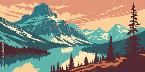 USA, US, U.S, United States - Glacier National Park turquoise alpine lake sunrise panorama snow mountains reflection
