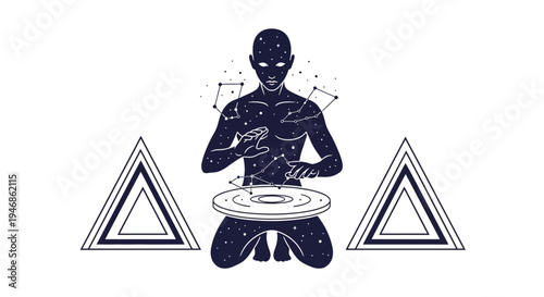 Cosmic DJ, Celestial Being Mixing Music, Stars and Galaxies, Geometric Shapes