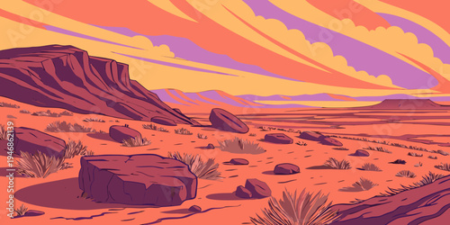 USA, US, U.S, United States - Petrified Forest National Park colorful fossilized wood desert sunset panorama surreal landscape
