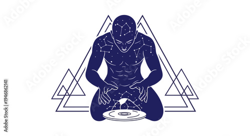 Cosmic Man Creating Energy Sphere Above Geometric Shapes