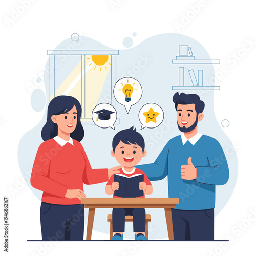 Smiling family supporting child education.