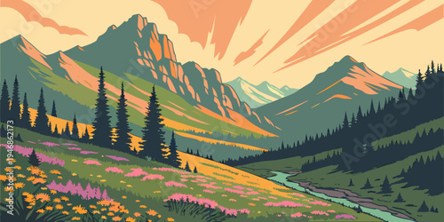 USA, US, U.S, United States - Rocky Mountain National Park alpine peaks sunrise panorama colorful wildflower meadows
