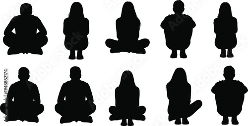 People sitting on ground silhouettes set with men and women in cross legged poses isolated on white background