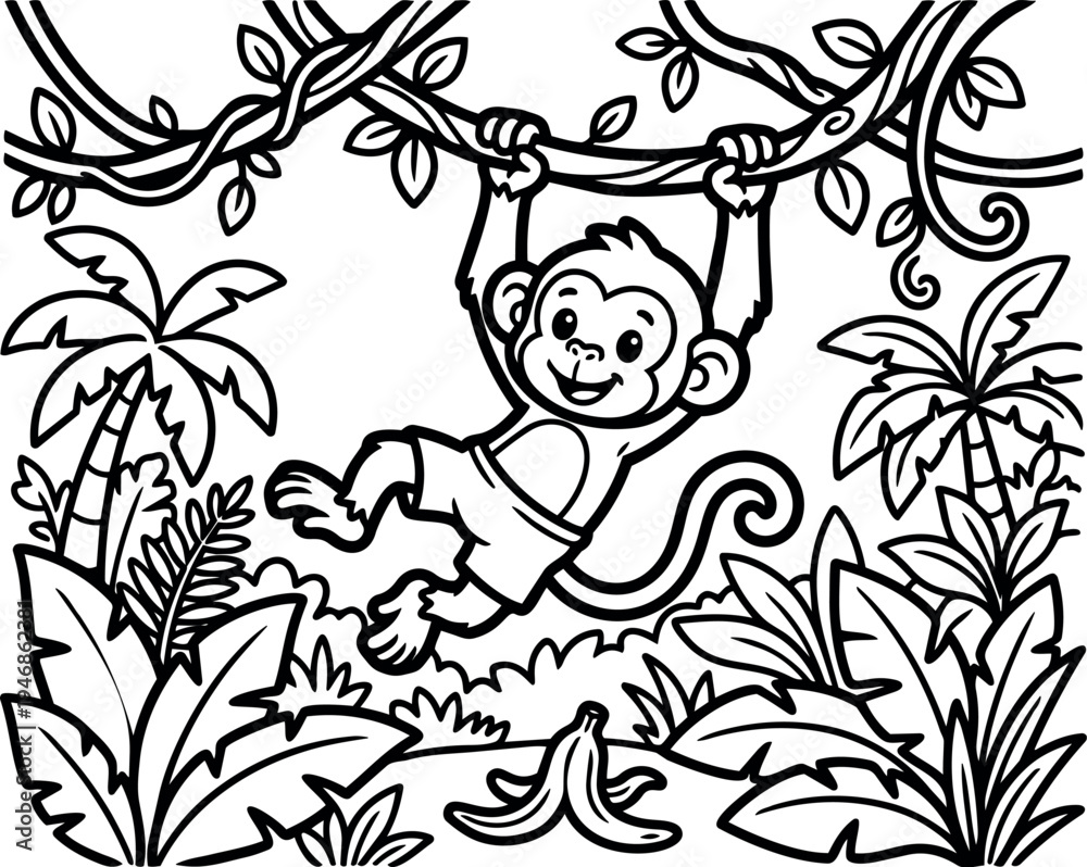 Fototapeta premium Black and white line art monkey swinging on vines in jungle with tropical plants and banana peel on ground