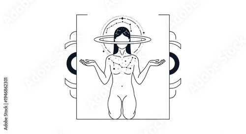 Cosmic Woman With Stars and Planets, Mystical Celestial Illustration