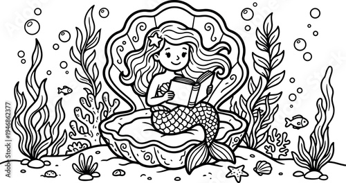Black and white line art smiling mermaid sitting inside clam shell reading book underwater seaweed fish bubbles ocean floor scene detailed linework