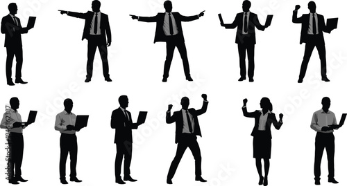 Business people silhouette set with laptop successful businessman businesswoman corporate professional working standing pointing celebrating achievement isolated