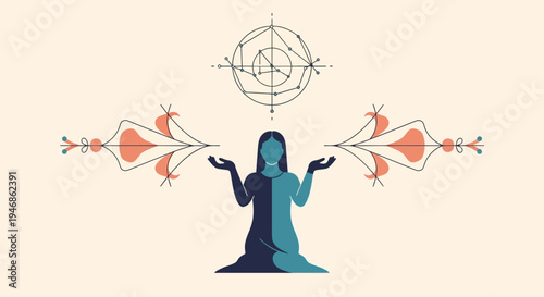 Woman Balancing duality, sacred geometry and floral elements