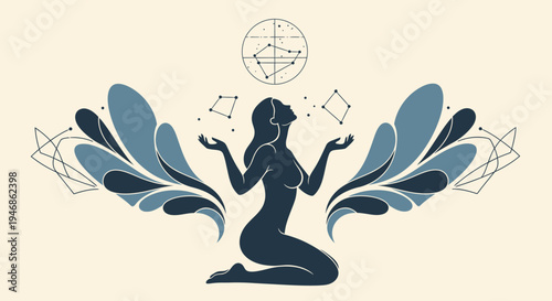 Woman juggling constellations, abstract wings, celestial, zodiac, spiritual