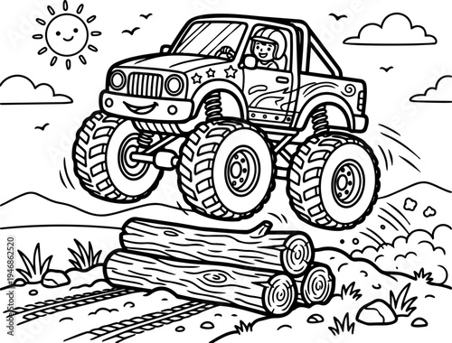 Black and white cartoon style monster truck jumping over logs with smiling driver in off road landscape sunny day