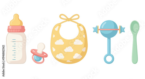 Flat lay illustration of baby care items including a bottle, pacifier, bib, rattle, and spoon on a white background.