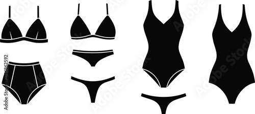 Women swimwear silhouette set, bikini and one piece swimsuit vector illustration, fashion apparel icons, beachwear collection design isolated