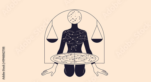 Cosmic Balance: Human Silhouette with Celestial Constellations and Scales