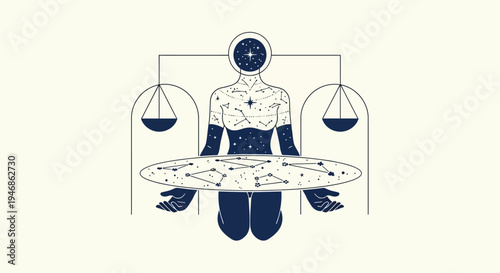 Cosmic Balance: Figure with Scales and Star Constellations
