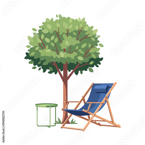 Serene outdoor haven featuring a lush tree providing natural shade, a cozy blue deck chair awaiting quiet moments, and a minimalist table for refreshment, symbolizing perfect summer relaxation