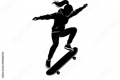 Female Skateboarder Silhouette Performing Jump Trick in Hoodie for Urban Sport Design