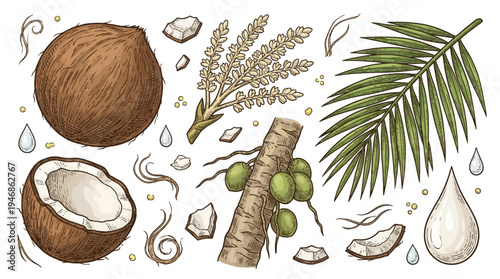 Close-up illustration of coconut components arranged on white background showcasing fruit, shell, leaf, grain stalk, and oil droplets