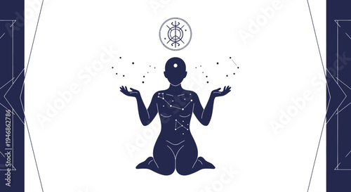 Spirituality Concept: Silhouette of Person Meditating with Cosmic Stars and Symbol