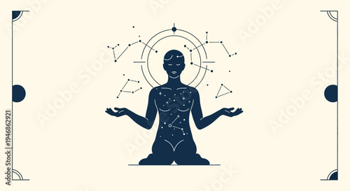 Cosmic Human Silhouette Meditating with Constellations and Orbit Circles