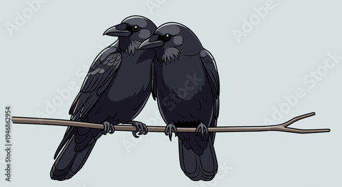 Two black birds on a branch.