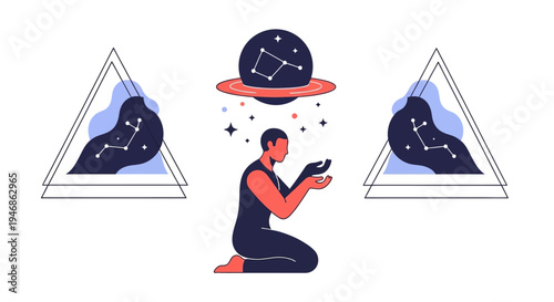 Man reaching for cosmic galaxy, constellations, astrology concept