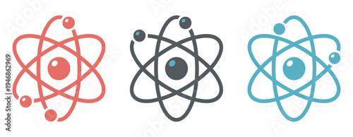 Atom icon set in flat design, showcasing molecule and atomic symbols isolated for chemistry, physics, science research, and educational vector illustration projects.