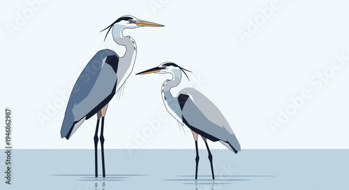 Two Herons Standing in Shallow Water.