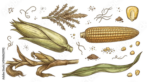 Close-up botanical illustration of corn plant showcasing kernels, husk, leaves, tassel, and roots in detailed realistic style