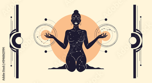 Woman Meditating with Cosmic Energy and Constellations