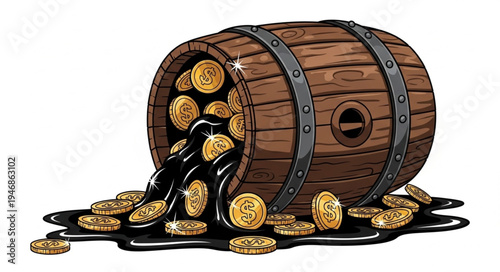 Gold coins spilling from barrel.