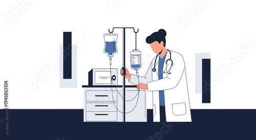 Doctor Adjusting IV Drip Bag in Modern Hospital Room with Medical Equipment