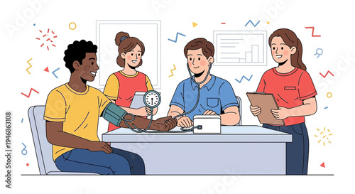 Diverse medical team checks patient's blood pressure during health checkup.