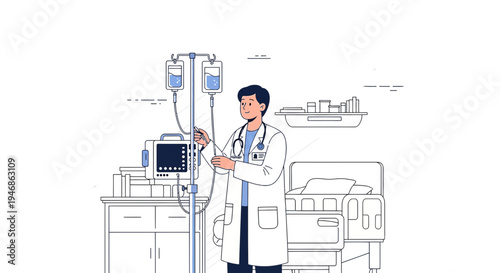 Doctor adjusting IV drip in hospital room with patient bed and medical equipment