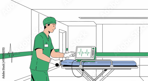 Doctor Adjusting Patient Monitor Next to Stretcher in Hospital Corridor