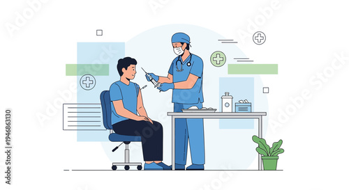 Doctor administering vaccine to patient in clinic, healthcare concept