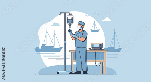 Doctor administering IV drip on a boat with sailing ships in the background