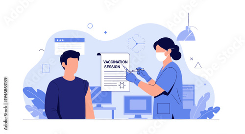 Doctor administering vaccine to patient during vaccination session, healthcare concept