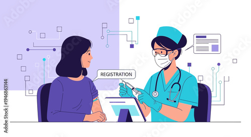Doctor administering vaccine to patient, digital health registration, modern healthcare concept