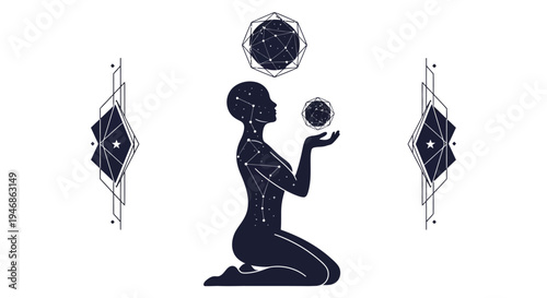 Mystical Woman Silhouette with Celestial Orbs and Geometric Designs