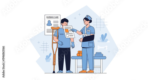 Doctor Advises Injured Patient with Crutches and Arm Sling on Medical Document