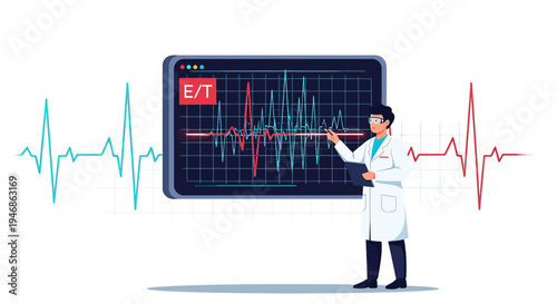 Doctor analyzes EKG heart rhythm on screen, medical technology, cardiology concept