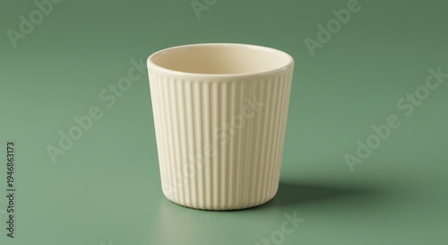 Minimalist ribbed cream ceramic cup standing on a clean green surface creates a tranquil and
