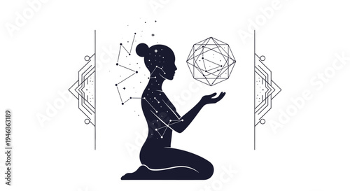 Woman Silhouette with Celestial Constellations and Geometric Shape