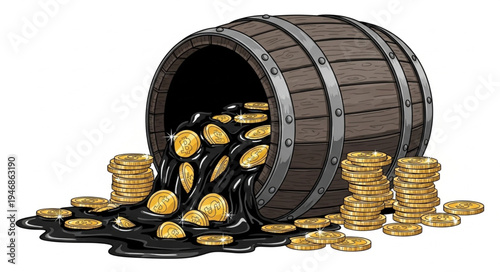 Gold Coins Spilling from Barrel.