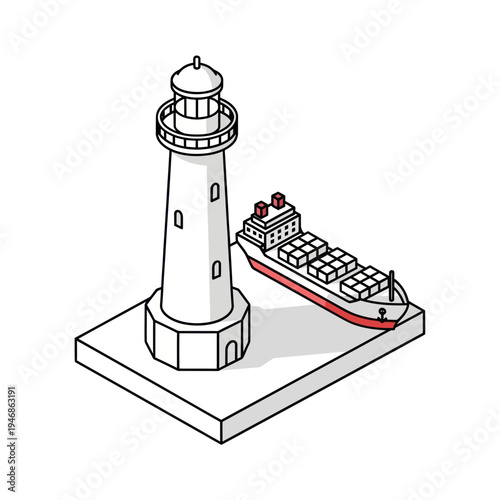 Lighthouse and Cargo Ship Illustration.