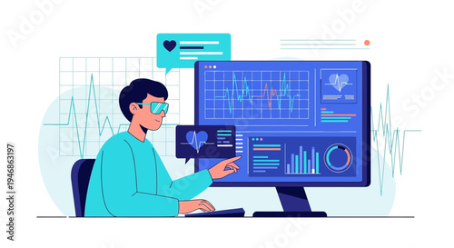 Doctor analyzing medical data on computer screen with heart rate graph and charts