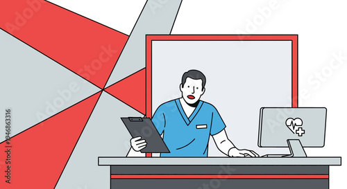 Doctor at desk with computer and clipboard, modern medical office, healthcare concept