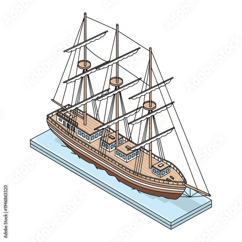 Model Ship with Multiple Masts and Sails.