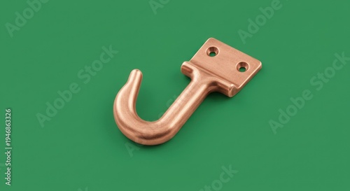 Close-up of a bronze-colored metal hook on a green background showcasing industrial design and