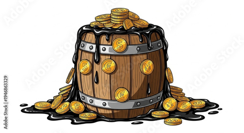 Golden coins overflowing treasure barrel.